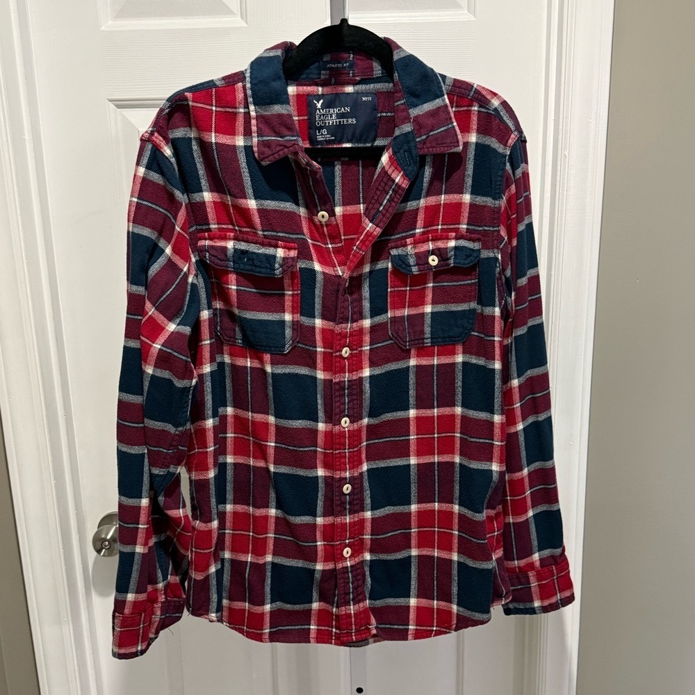 American Eagle Outfitters Red and Navy Plaid Button Down Shirt